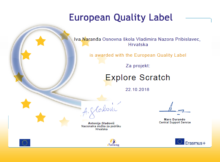 eTwinning Europska oznaka kvalitete Explore Scratch Narana