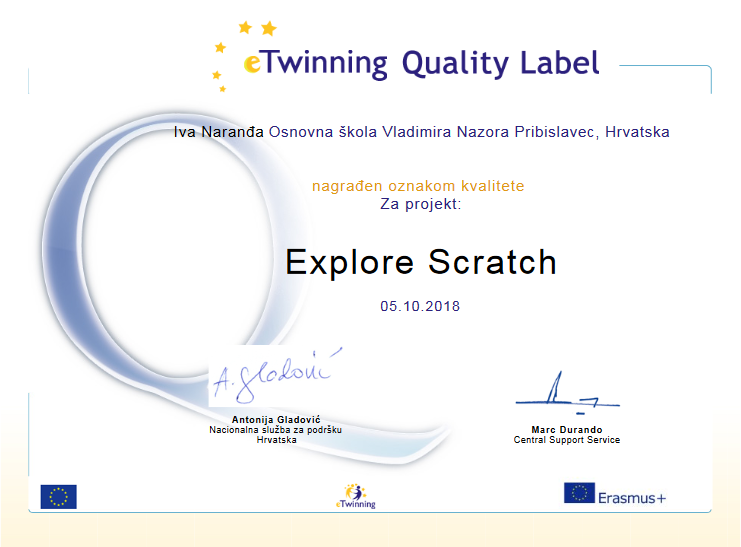 eTwinning oznaka kvalitete Explore Scratch Narana