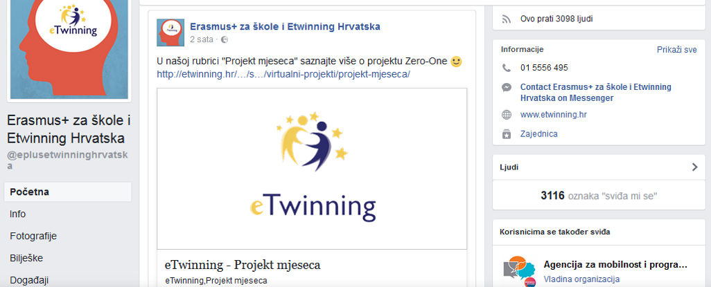 Facebook Erasmus+ za kole i eTwinning Hrvatska Zero-One projekt mjeseca