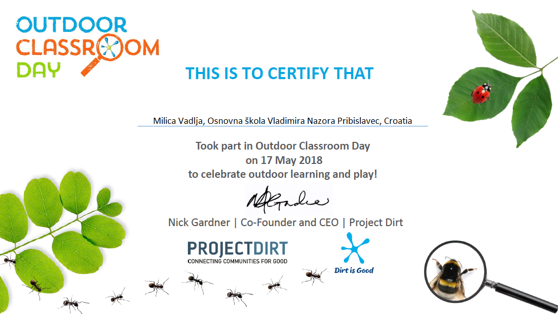Outdoor Classroom Day 2018 certificate Pribislavec Croatia